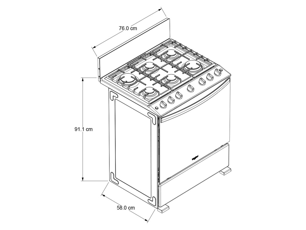 Estufa al piso 30 pulgadas en color gris 6 quemadores modelo WFR3400D marca Whirlpool. Todas las estufas vienen preparadas para Gas LP. El cambio de espreas es gratuito por parte de Whirlpool.