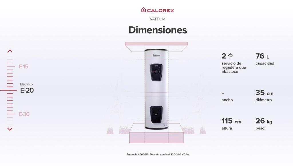 Deposito electrico Vattium E20 G2 en 220V marca Calorex modelo 3070120