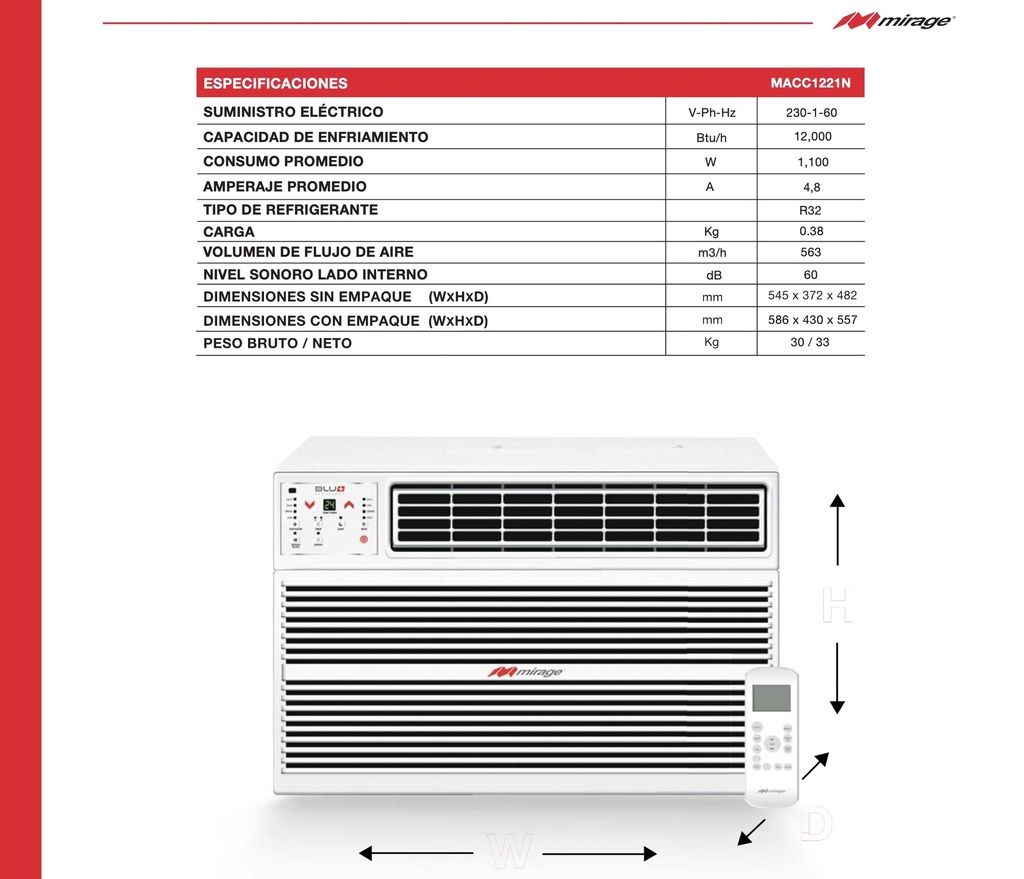 Aire acondicionado Tipo ventana Blu Plus 32 de 1 Ton en 220V S/F marca Mirage MACC1221N