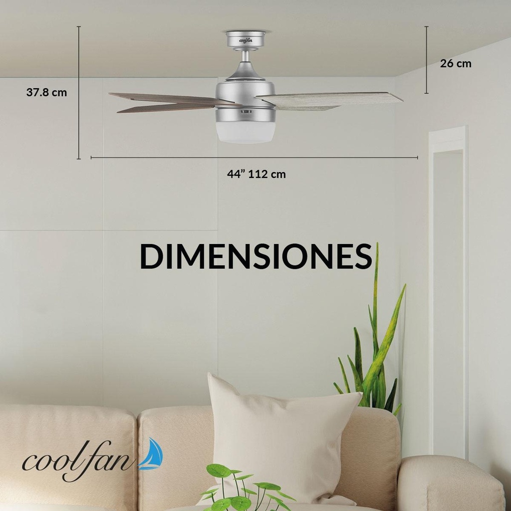 Ventilador Bela led 44" 1 luz (18w) c/ control remoto color niquel coolfan marca Estevez código 52202