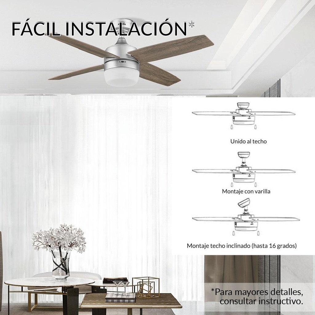 Ventilador Bela led 44" 1 luz (18w) c/ control remoto color niquel coolfan marca Estevez código 52202