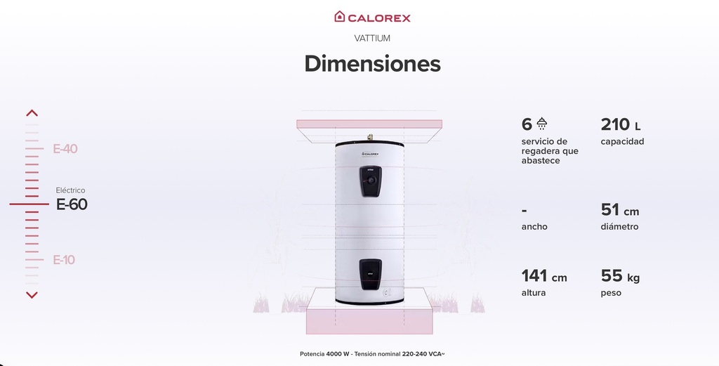 Calentador de agua deposito electrico VATTIUM E-60 en 220V de 210 lts marca Calorex 3270010