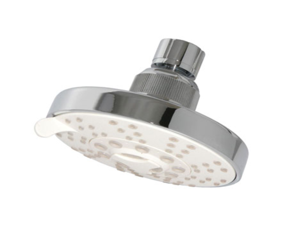 Regadera Asia redonda 4" acabado cromo-Bco. con 5 tipos de chorro marca Rugo código 44AB