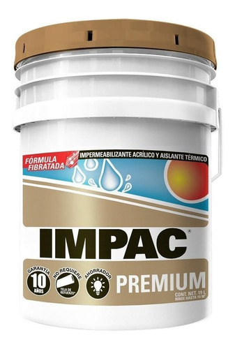 Impac premium fibratado, impermeabilizante acrílico blanco fibratado (10 años.), cubeta 19 lts. marca impac código VCIIM10BL1N